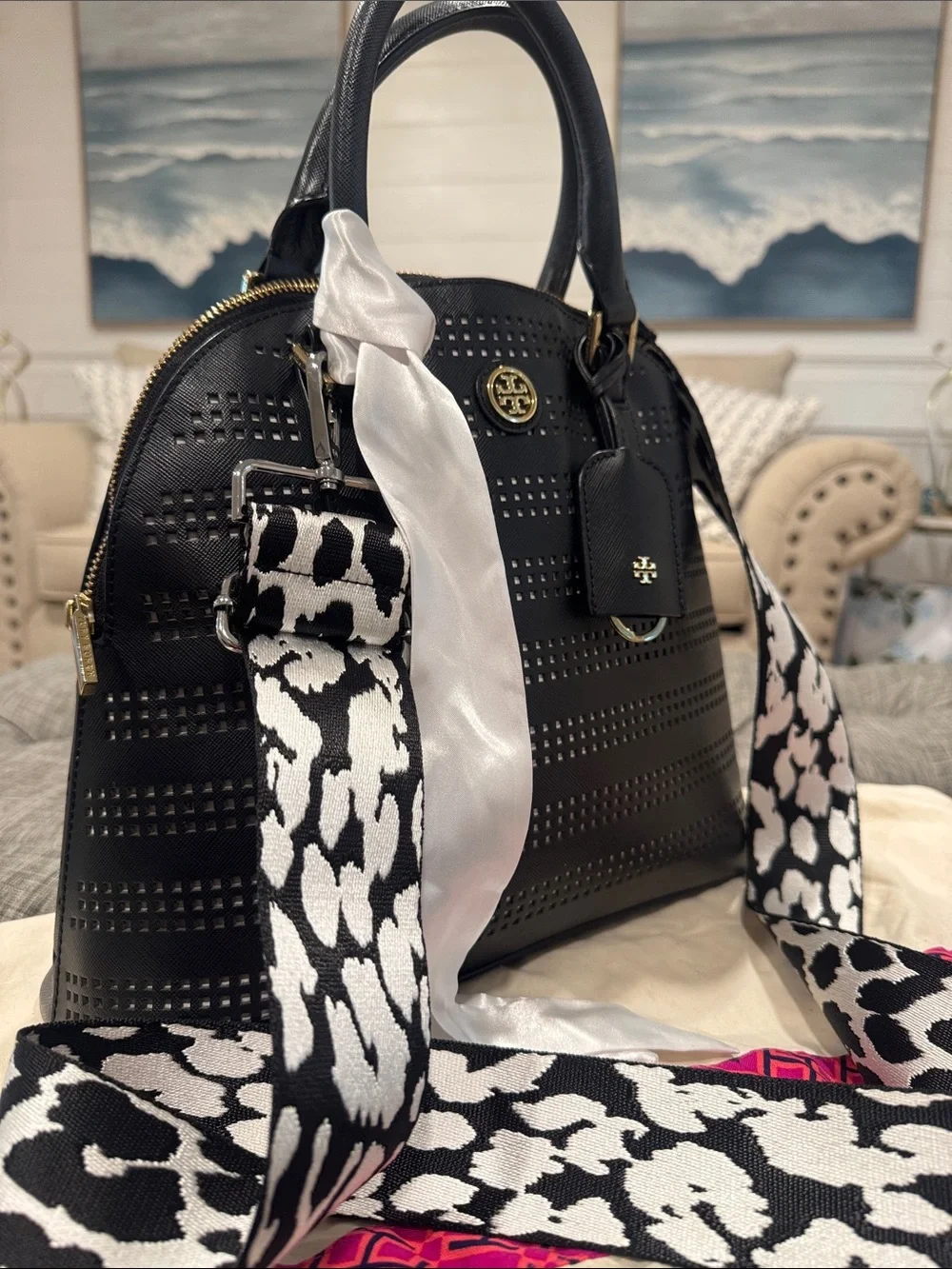 Tory Burch Bag Robinson Black Leather Perforated Dome Top Handle Bag